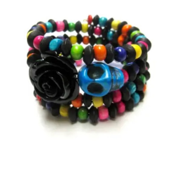 Sugar Skull Bracelet Black Rose Day Of The Dead Bracelet Rainbow Jewelry Cuff - Picture 2 of 3